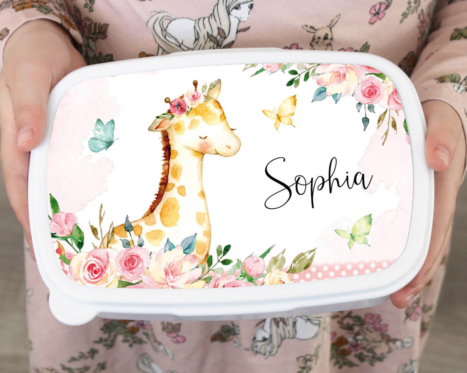 Brotdose Brotbox Lunchbox personalisiert, Aquarell Giraffe Blumen