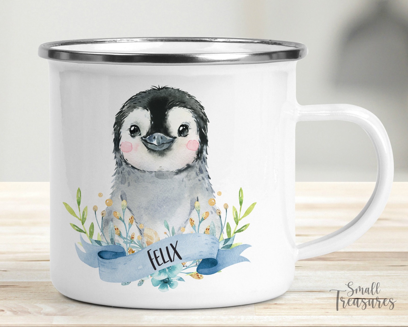 Tasse Kindertasse Emaille Kunststoff Keramik Becher personalisiert Pinguin blau