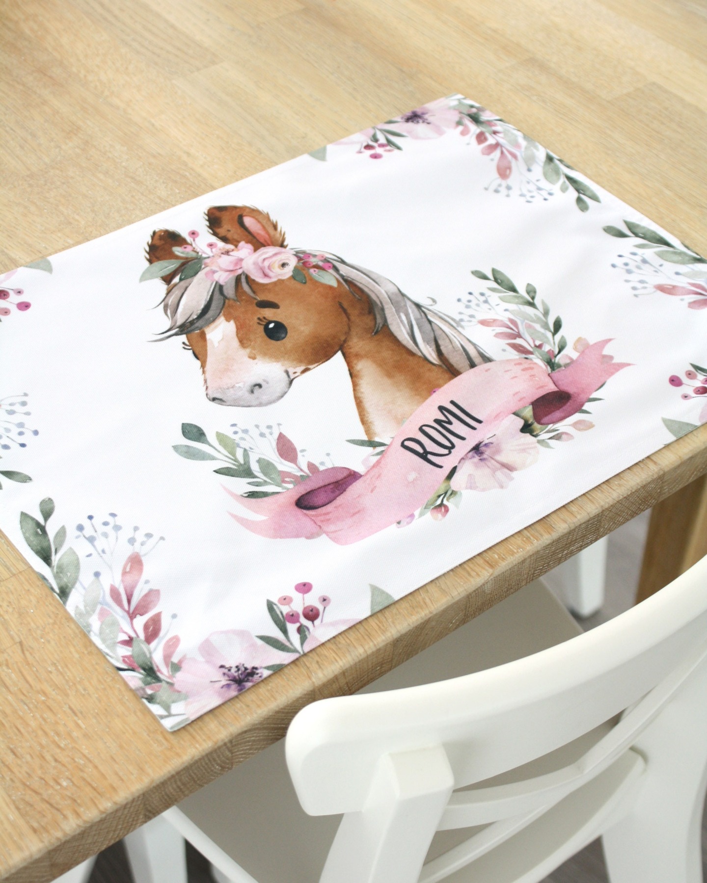 Tischset Platzset Textil mit Namen personalisiert Aquarell Pferd Pony Blumen 4