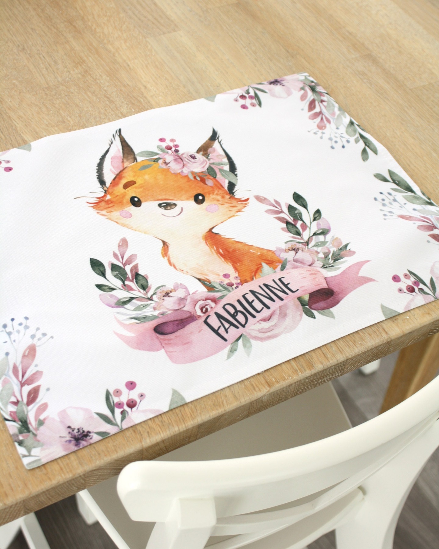 Tischset Platzset Textil mit Namen personalisiert Aquarell Fuchs Blumen 4