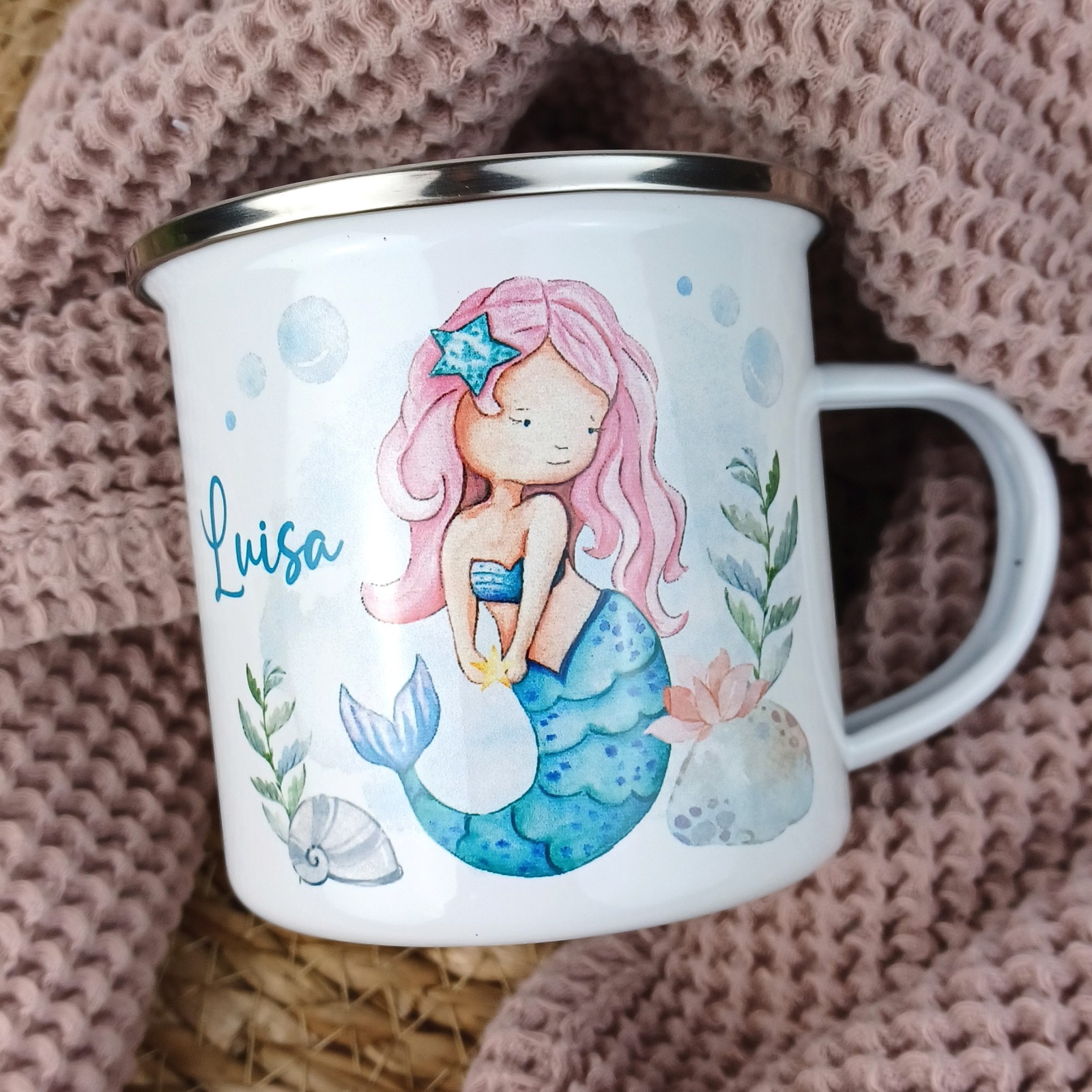 Tasse Kindertasse Meerjungfrau Emaille Kunststoff Keramik personalisiert 4