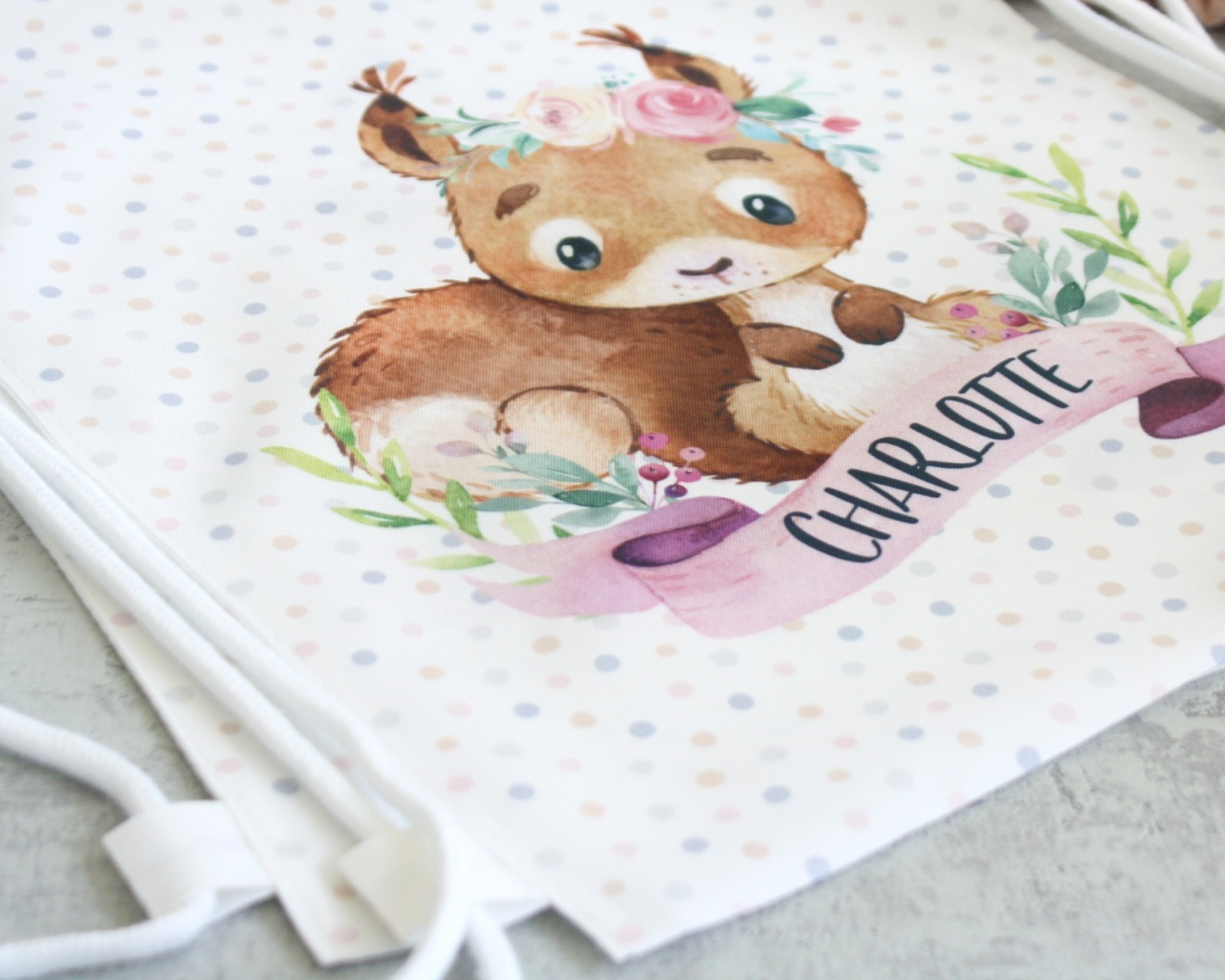 Stoffbeutel Turnbeutel Rucksack, Kindergartentasche mit Name personalisiert Eichhörnchen 3