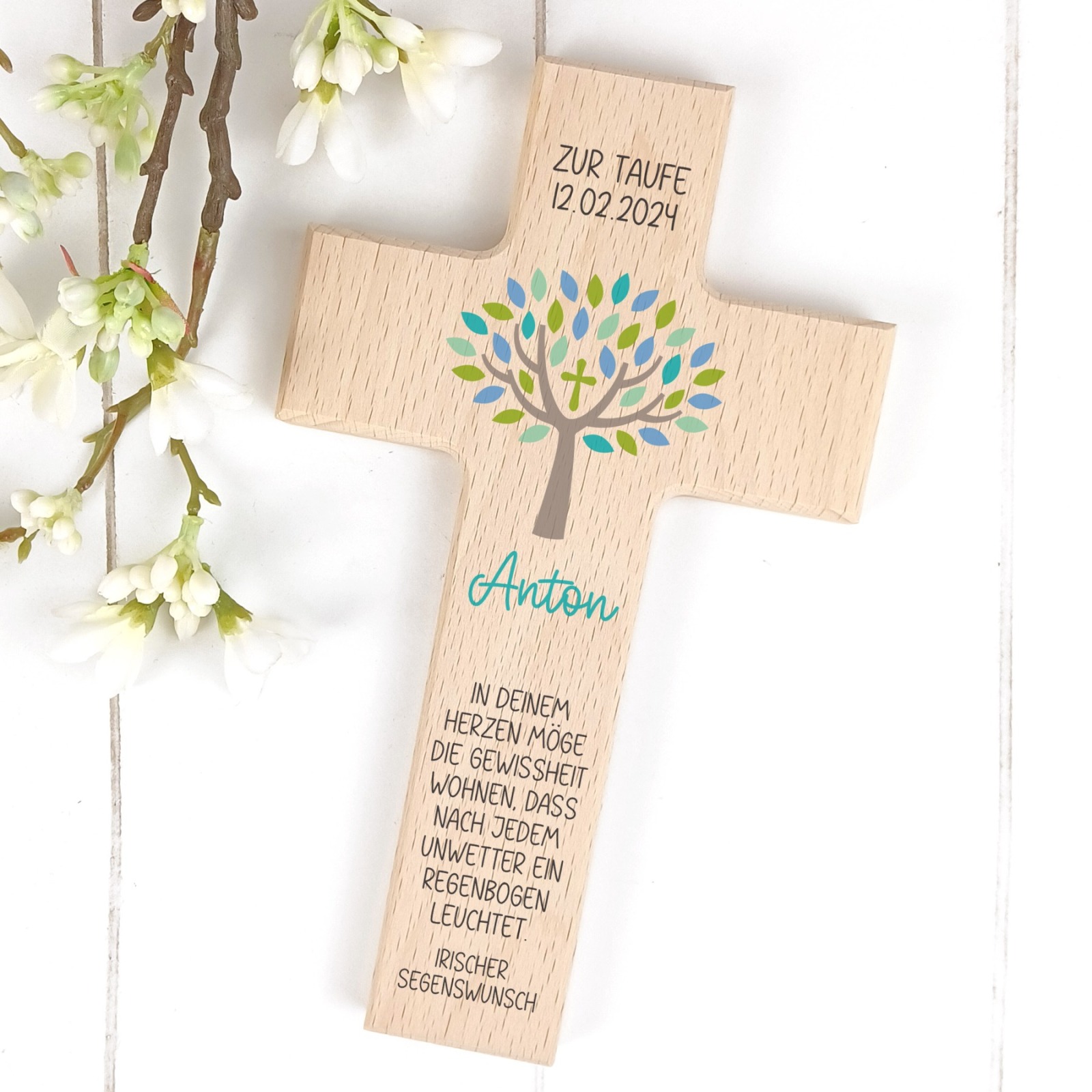 Taufkreuz Holzkreuz für Kinder, personalisiert Lebensbaum türkis