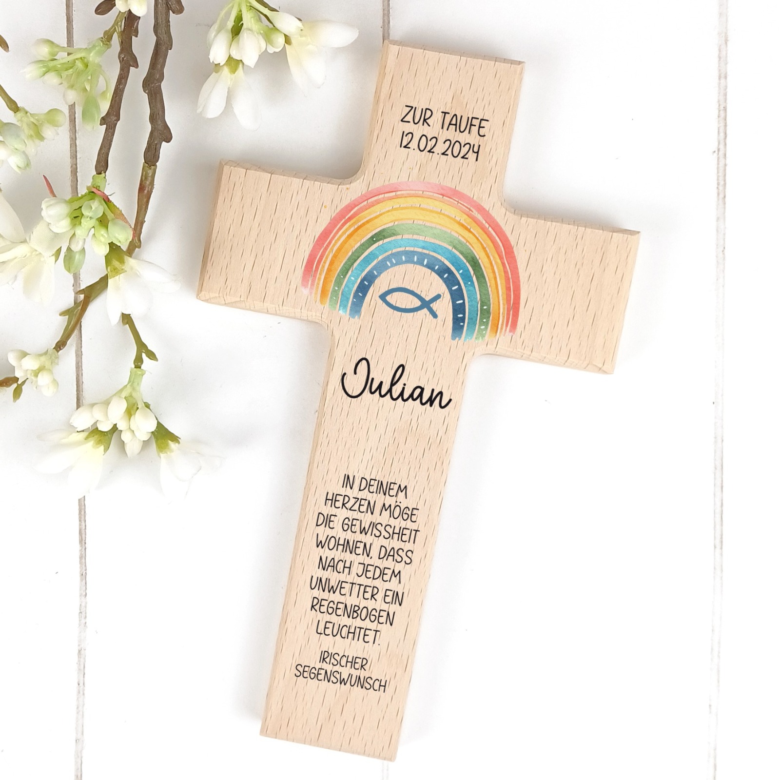 Taufkreuz für Kinder, personalisiert Regenbogen bunt, Kommunionskreuz