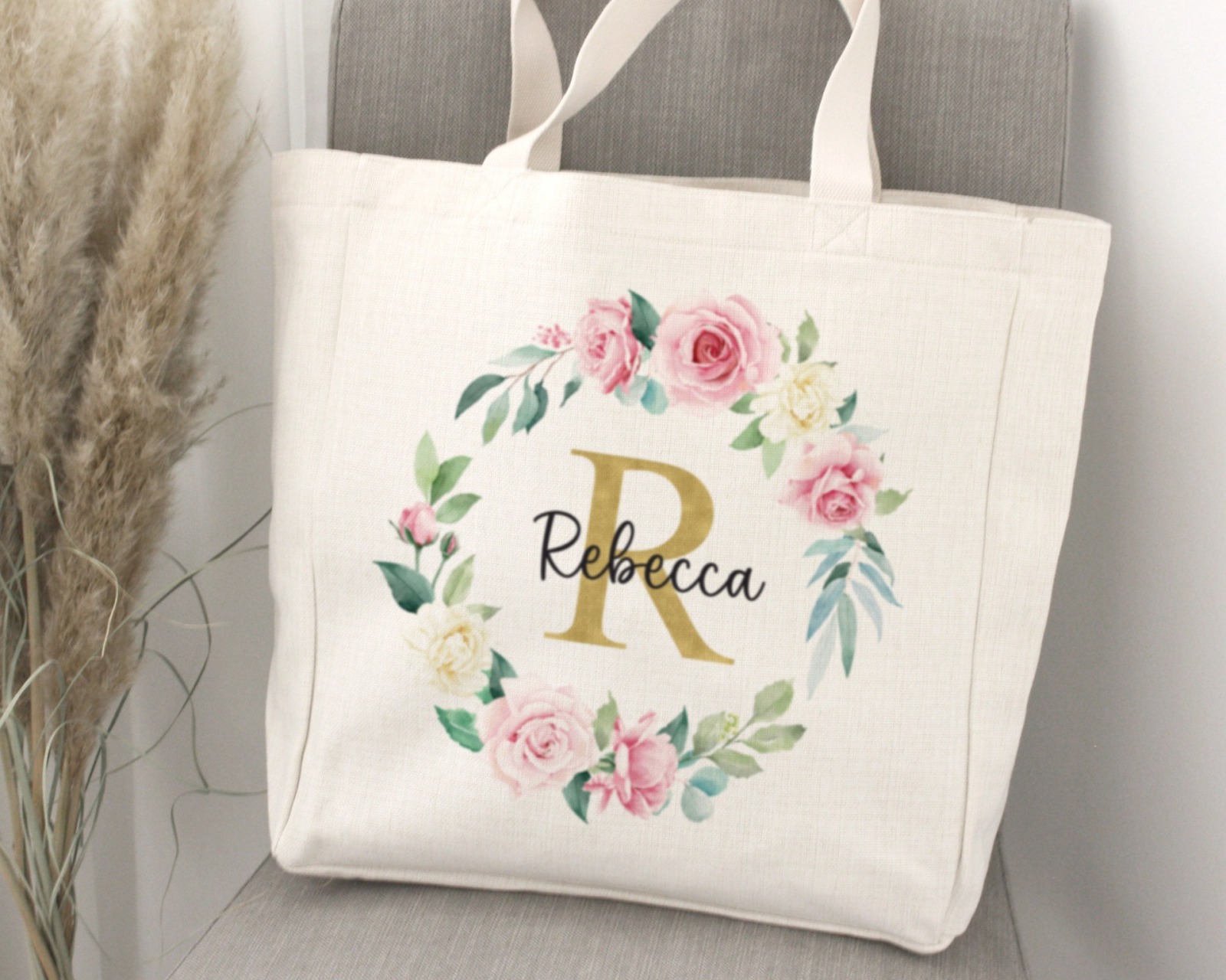 Tasche Shopper personalisiert mit Name und Blumenkranz