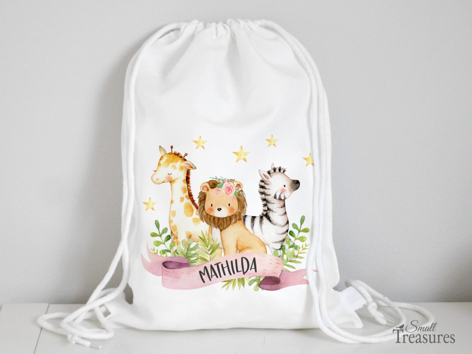 Stoffbeutel Turnbeutel Rucksack Kindergartentasche mit Name personalisiert Dschungeltiere rosa
