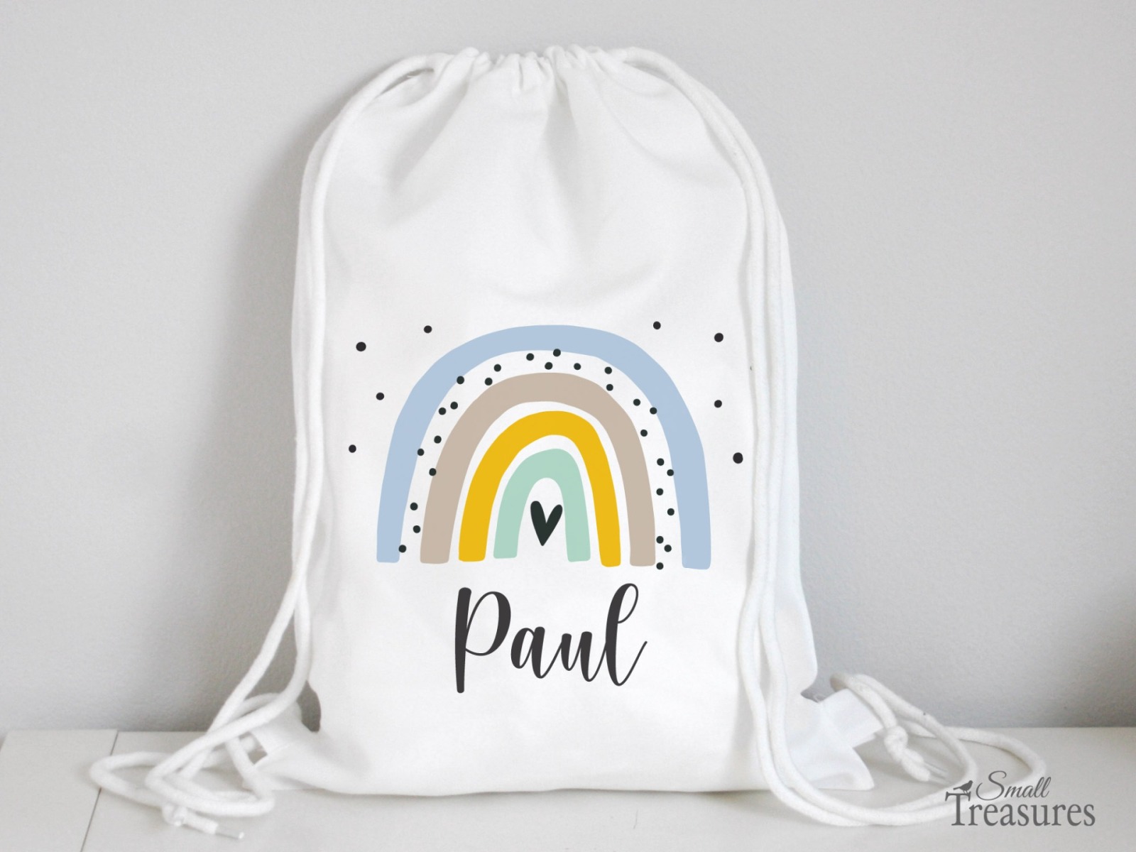 Stoffbeutel Turnbeutel Rucksack Kindergartentasche mit Name personalisiert Regenbogen blau