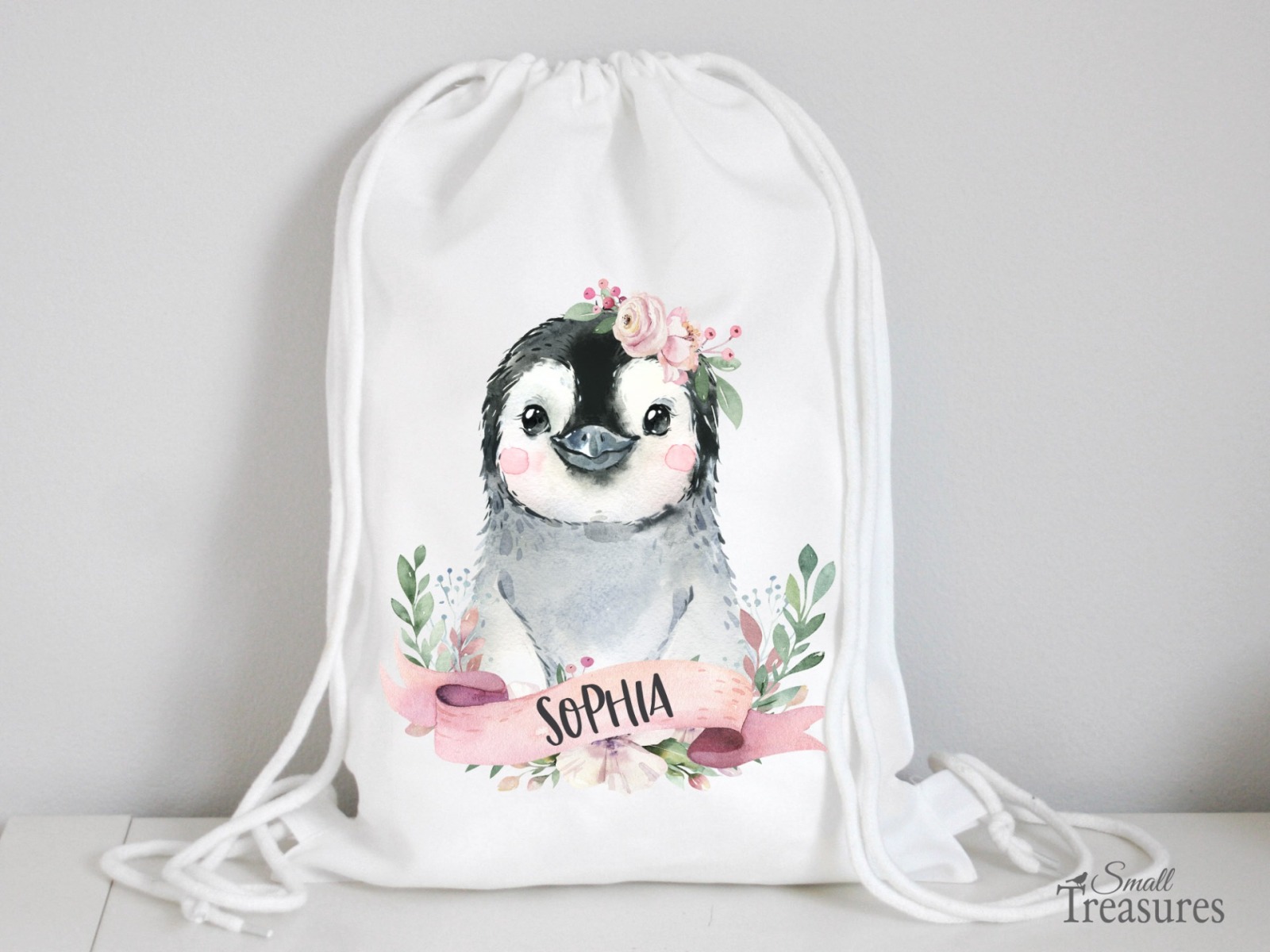 Stoffbeutel Turnbeutel Rucksack Kindergartentasche mit Name personalisiert Pinguin rosa