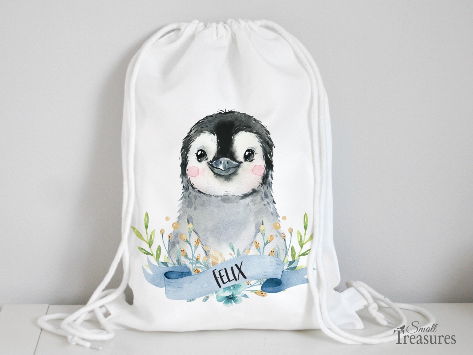 Stoffbeutel Turnbeutel Rucksack Kindergartentasche mit Name personalisiert Pinguin blau