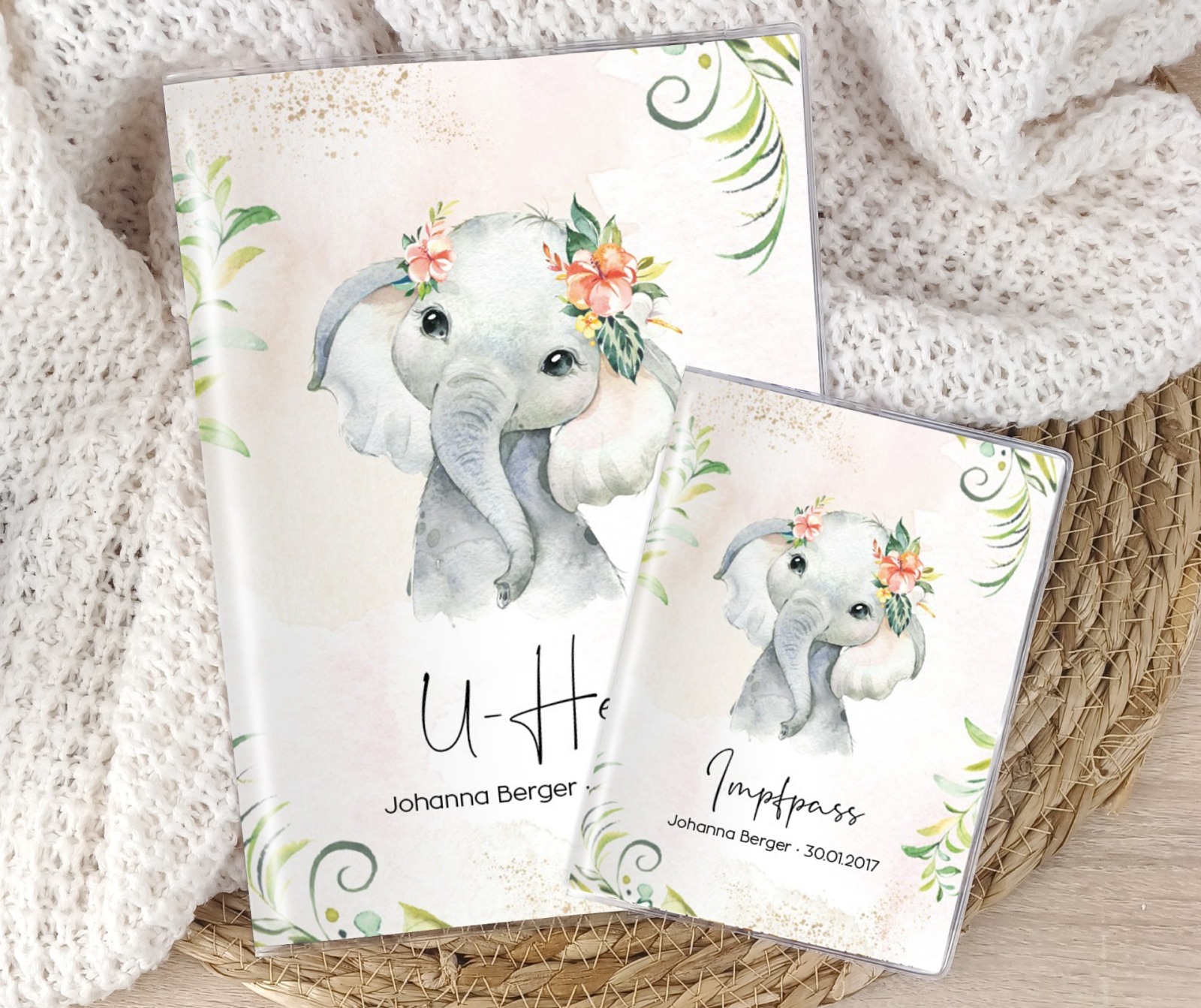 U-Heft und Impfpasshülle, personalisiert Elefant Blumen Mädchen
