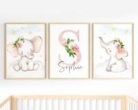 Kinderzimmer Bilder Set Elefanten Blumen personalisiert