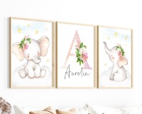 Kinderzimmer Bilder Set Elefanten Blumen personalisiert 2