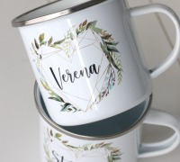 Tasse Emaille Kunststoff Keramik Becher personalisiert, Herz Greenery Blätter 2