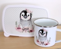 Tasse Kindertasse Emaille Kunststoff Keramik Becher personalisiert, Aquarell Pinguin Blumen 2