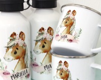 Tasse Kindertasse Emaille Kunststoff Keramik Becher personalisiert, Aquarell Pferd Blumen 4
