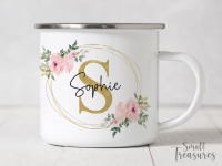 Tasse Emaille Kunststoff Keramik Becher personalisiert, Blumen gold rosa 2