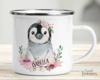 Tasse Kindertasse Emaille Kunststoff Keramik Becher personalisiert, Aquarell Pinguin Blumen
