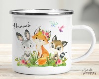Tasse Kindertasse Emaille Kunststoff Keramik Becher personalisiert, Waldtiere Fuchs Hase Waschbär