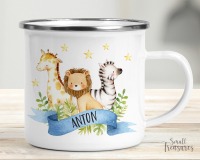 Tasse Kindertasse Emaille Kunststoff Keramik Becher personalisiert, Aquarell Dschungel Safari Löwe