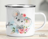 Tasse Kindertasse Emaille Kunststoff Keramik Becher personalisiert, Aquarell Koala Blumen