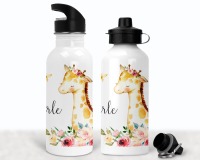 Flasche Trinkflasche personalisiert, Aquarell Giraffe Blumen