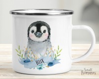 Tasse Kindertasse Emaille Kunststoff Keramik Becher personalisiert, Pinguin blau