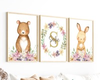 Kinderzimmer Bilder Set Tiere Blumen personalisiert 2