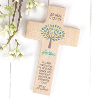Taufkreuz Holzkreuz für Kinder, personalisiert Lebensbaum türkis
