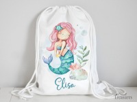 Stoffbeutel Turnbeutel Rucksack, Kindergartentasche mit Name personalisiert Meerjungfrau