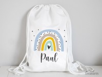 Stoffbeutel Turnbeutel Rucksack, Kindergartentasche mit Name personalisiert Regenbogen blau