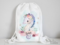 Stoffbeutel Turnbeutel Rucksack, Kindergartentasche mit Name personalisiert Seepferdchen