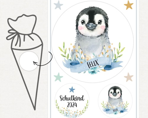 Applikation Aufnäher Schultüte personalisiert mit Name, Pinguin