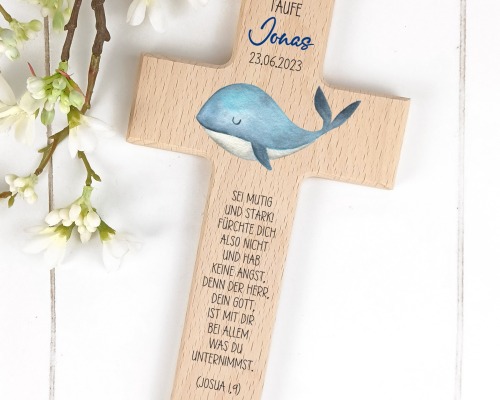 Taufkreuz Holzkreuz für Kinder, personalisiert Wal - Liebevoll gestaltetes Holzkreuz mit