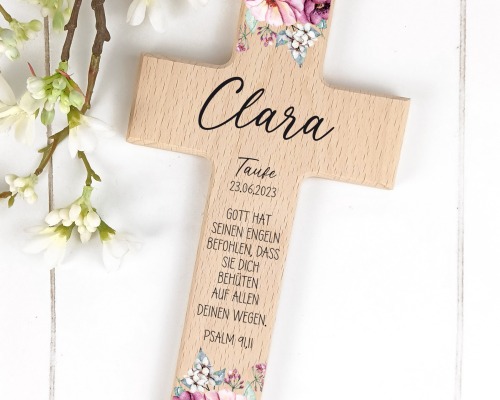 Taufkreuz Holzkreuz für Kinder, personalisiert Blumen - Liebevoll gestaltetes Holzkreuz mit