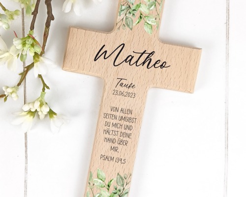 Taufkreuz Holzkreuz für Kinder, personalisiert Blätter - Liebevoll gestaltetes Holzkreuz mit