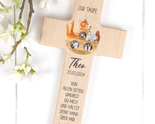 Taufkreuz Holzkreuz für Kinder, personalisiert Arche - Liebevoll gestaltetes Holzkreuz mit