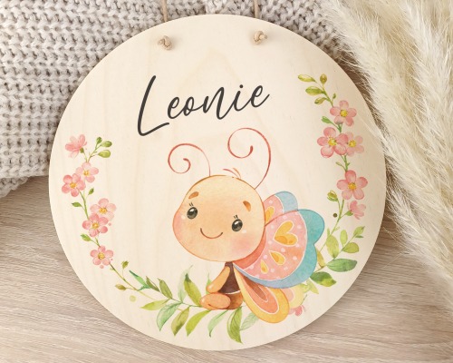Holzschild für Kinder mit Name personalisiert Schmetterling