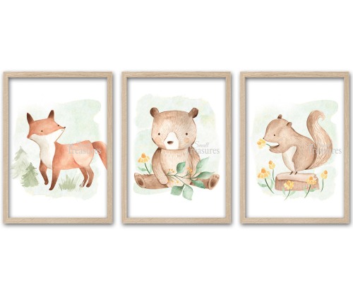 Kinderzimmer Bilder Print Kinderzimmerdeko 3er-Set Tiere Waldtiere Wandbild Kunstdruck