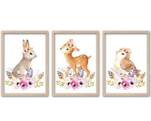 Kinderzimmer Bilder Print Kinderzimmerdeko 3er-Set Tiere Blumen Wandbild Kunstdruck