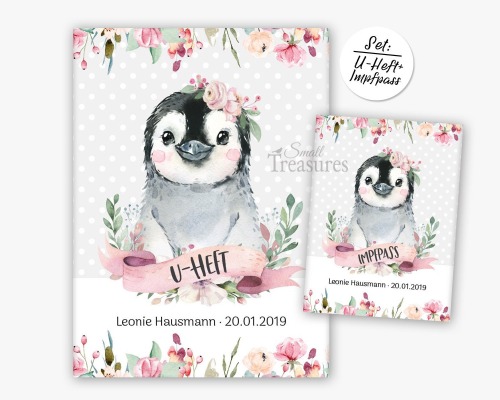 U-Heft und Impfpasshülle personalisiert Pinguin Blumen Mädchen