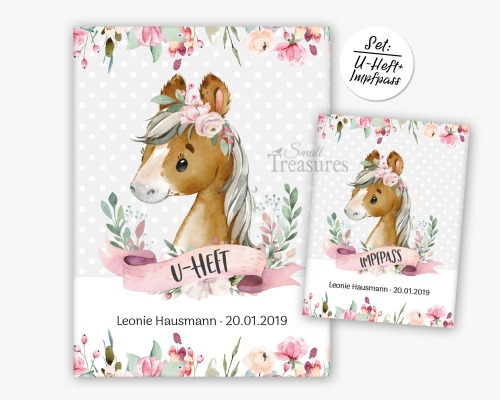 U-Heft und Impfpasshülle personalisiert Pferd Blumen Mädchen