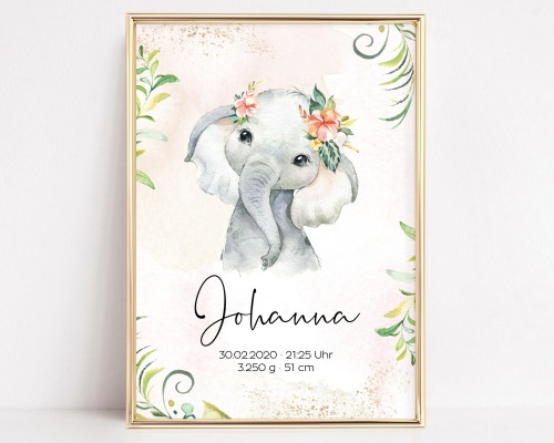 Geburtsposter Geburtsdaten personalisiert Kinderzimmer Deko Mädchen Elefant Blumen