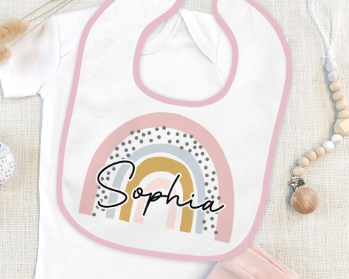 Lätzchen personalisiert mit Name Babygeschenk zur Geburt Regenbogen rosa