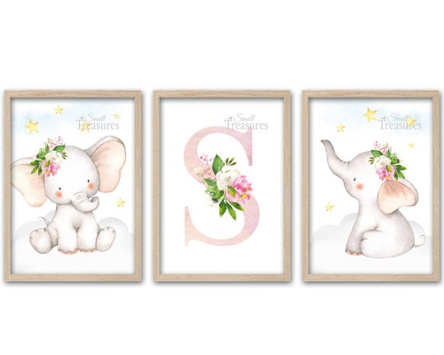 Kinderzimmer Bilder Print Kinderzimmerdeko 3er-Set Elefanten Blumen Wandbild Kunstdruck Monogramm