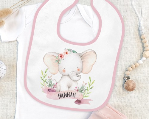 Lätzchen personalisiert mit Name, Babygeschenk zur Geburt, Elefant rosa