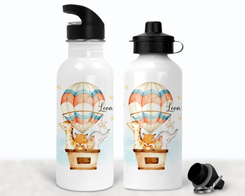 Flasche Trinkflasche personalisiert, Aquarell Tiere Heißluftballon