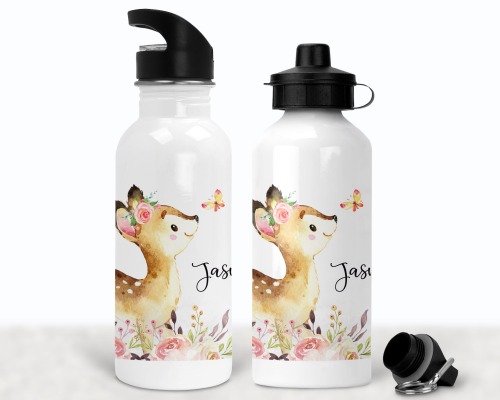 Flasche Trinkflasche personalisiert, Aquarell Reh Blumen
