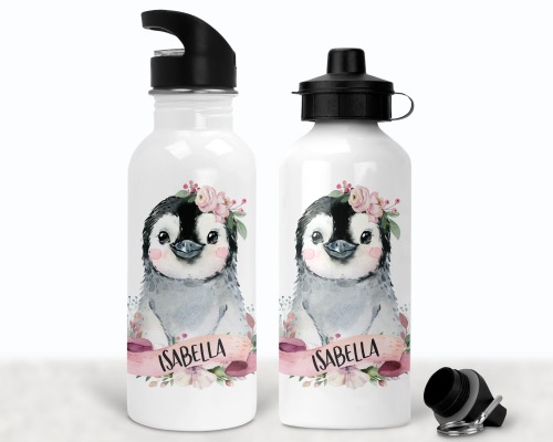 Flasche Trinkflasche personalisiert, Aquarell Pinguin Blumen