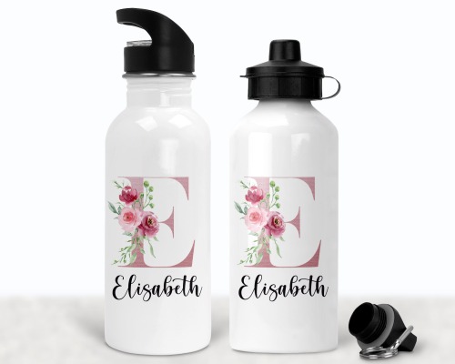 Flasche Trinkflasche personalisiert mit Name Buchstabe Blumen rosa