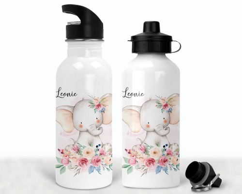 Flasche Trinkflasche personalisiert, Aquarell Elefant Blumen